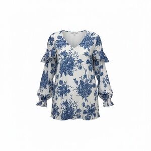 Samiol Ruffle Trim Floral Print Top – Blue & White – Size M – NWOT